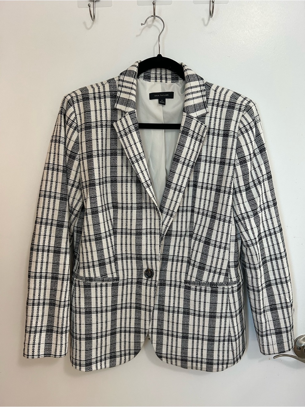 Ann Taylor Black and White Plaid Single-Button Blazer